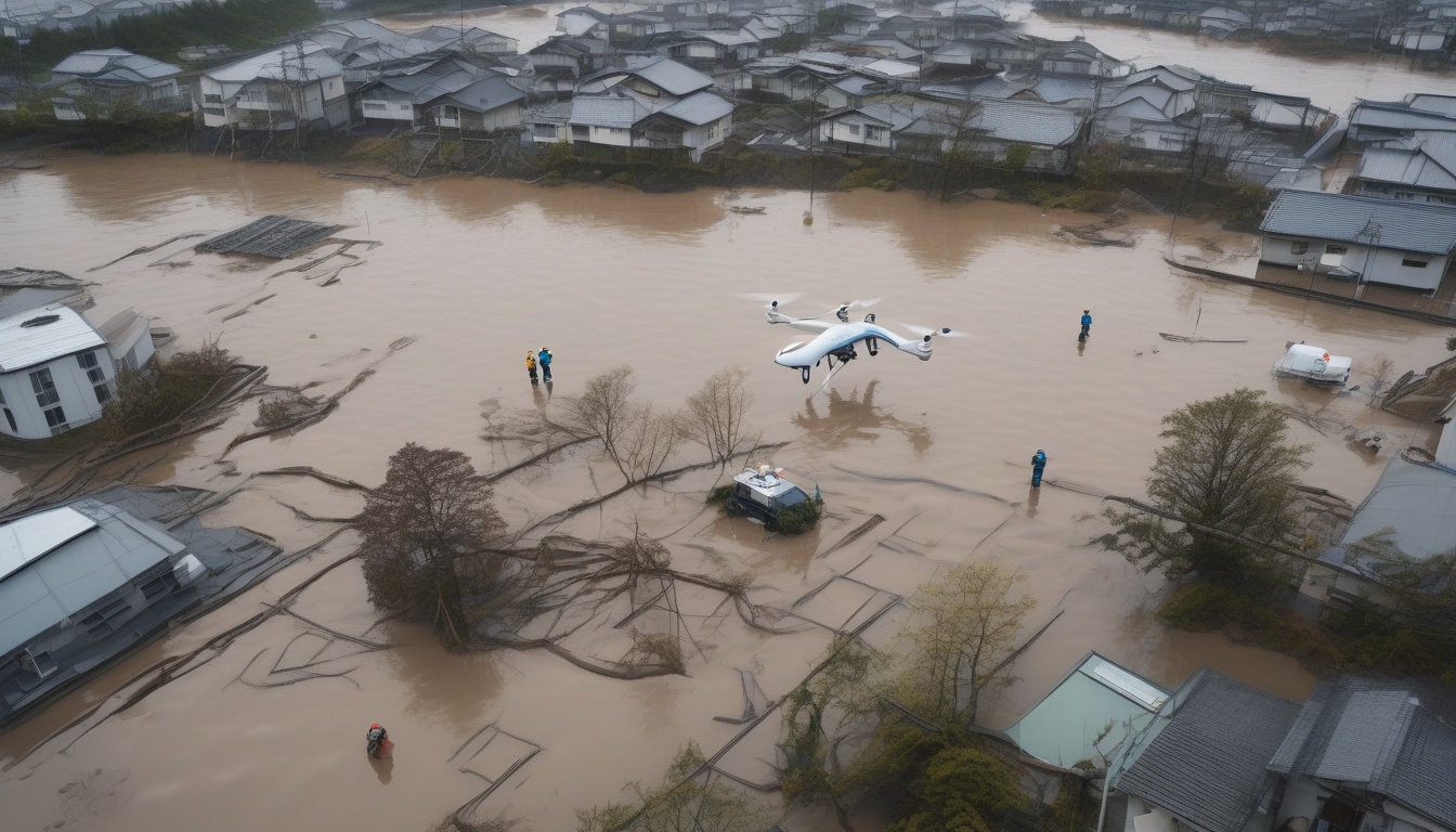 被災地でドローンと衛星通信アンテナを用いて情報収集を行う防災DXの現場